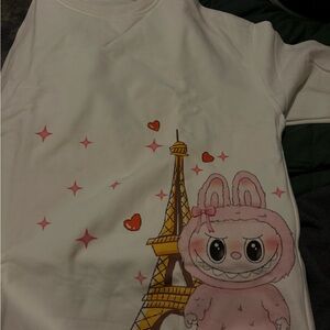 White Crop Top with Pink Bunny and Eiffel Tower Design